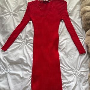 Zara Red V-Neck Long Sleeve Dress